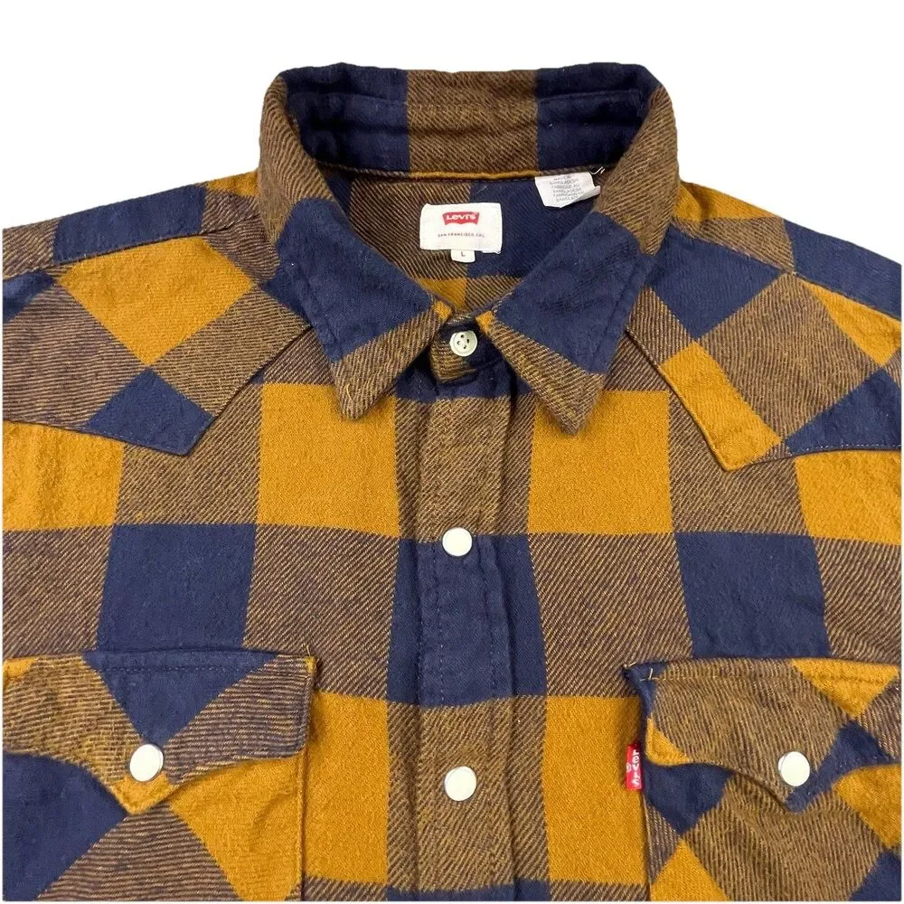 Levis Flannel Shirt Men Large Brown Blue Plaid Western Pearl Snap Rodeo Cowboy